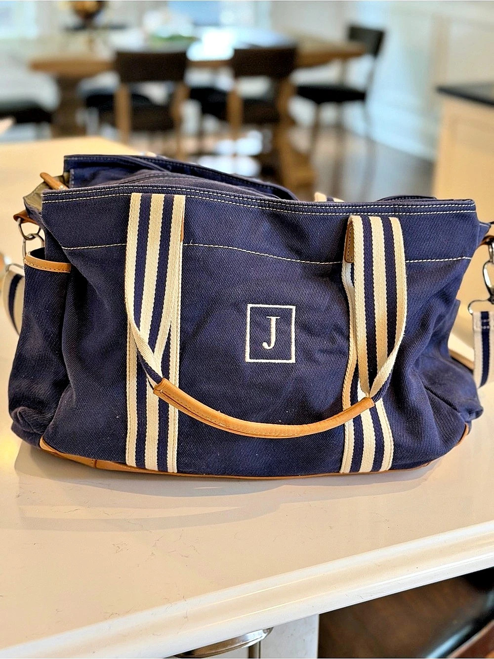 Pottery Barn Kids Striped Baby Bag in Blue & White: Personalized “J” Initial